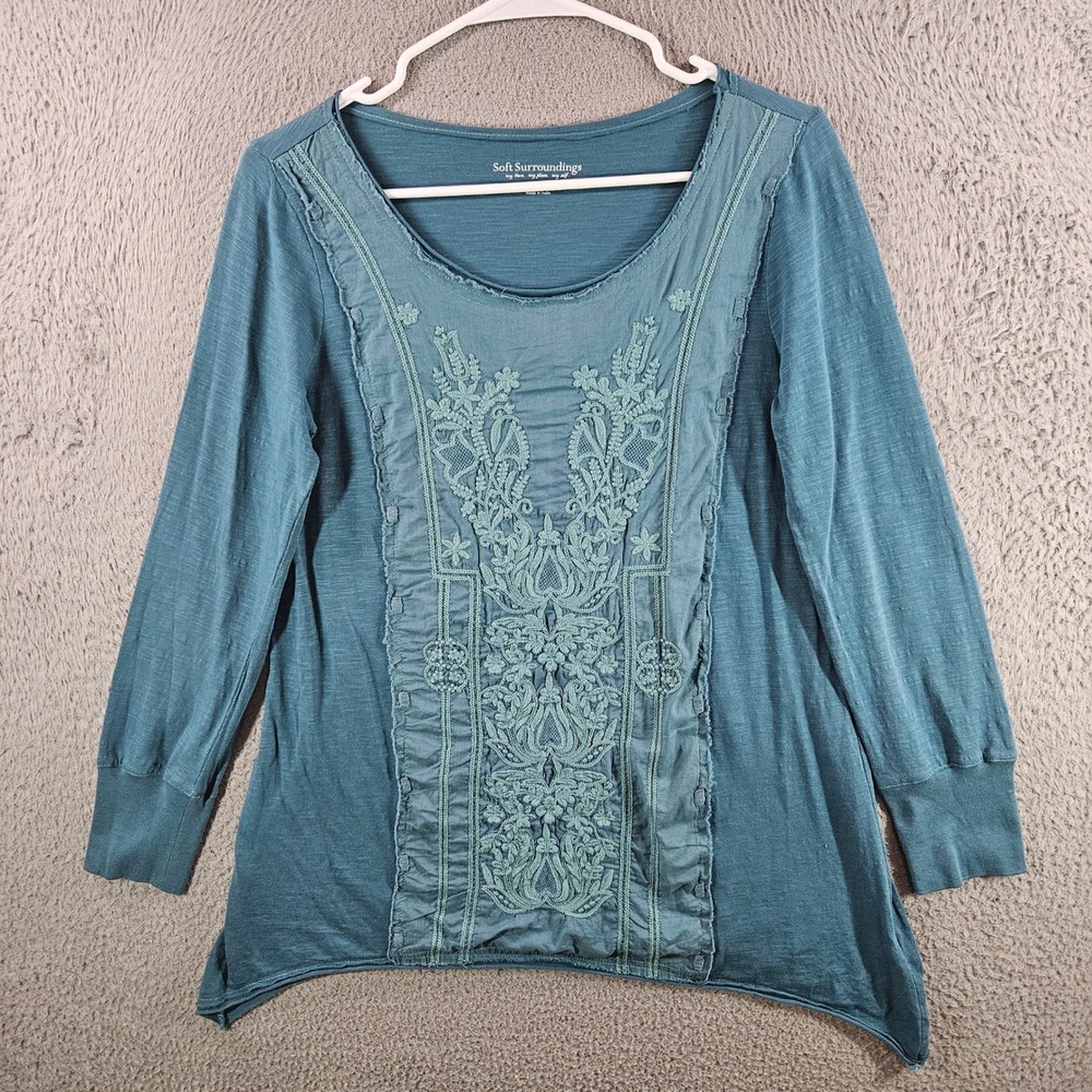 Soft Surroundings Teal‎ Blue Embroidered Long Sleeve Slub Cotton Top XS